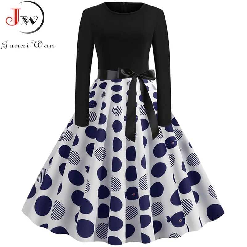 New Autumn Winter Women Plaid Print Dress Elegant Casual Vintgae Dress Robe Femme Black Patchwork A-line Party Vestidos