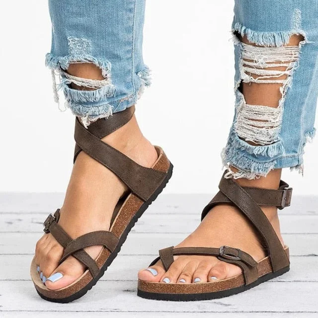 Sandals Plus Size 43 Leather Flat Sandals Female Flip Flop Casual Beach Shoes Ladies