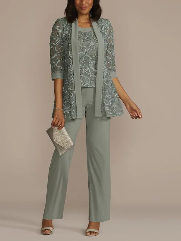 Lace Solid Color Top And Trousers Three Piece Suit
