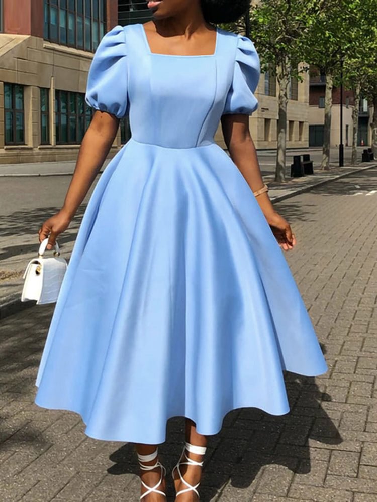 Solid Puff Sleeve A-line Square Collar Invisible Zip Dress SKUJ39633 QueenFunky