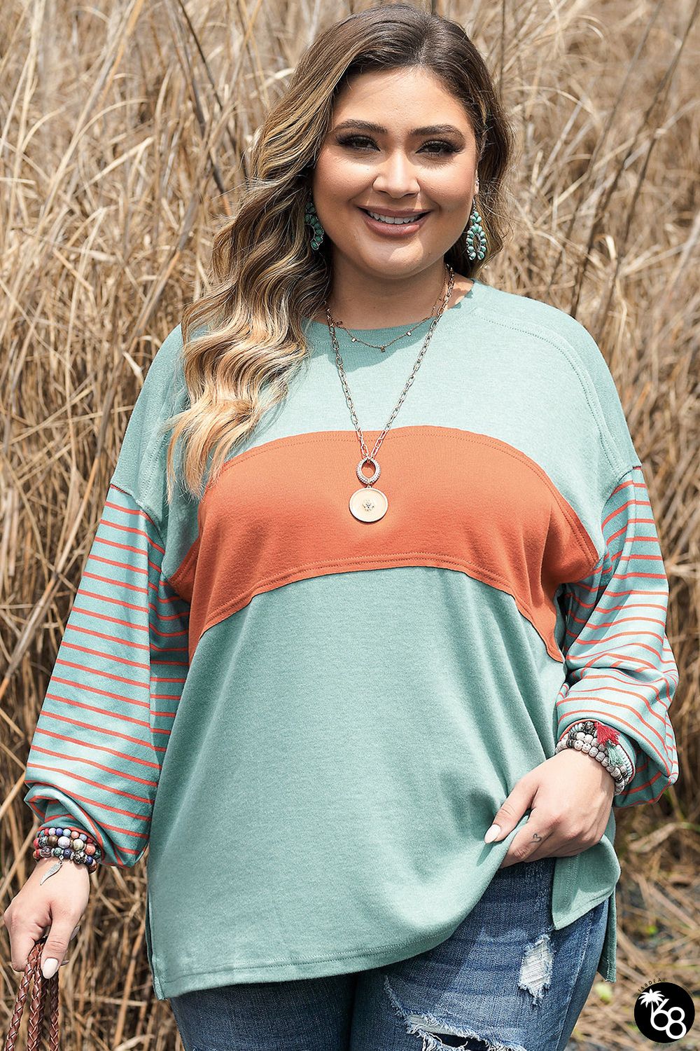 Green Plus Size Striped Long Sleeve Colorblock Tee with Slits | 168DEAL
