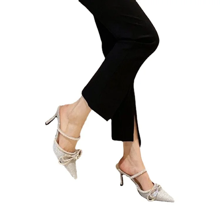 Yyvonne Women 2025 New Pointed Water Drill Bow Sexy Fine Back Empty Sandals Korean Version Of Muller Shoes