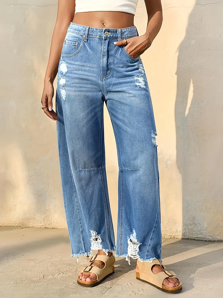 2025 Women's Vintage Boyfriend Distressed Denim Pants - Cropped Top & Baggy Wide Leg Jeans With Barrel Horseshoe Raw Hem, Machine Washable All-Season Casual Wear, Relaxed Fit Jeans, Classic Five-Pocket Design