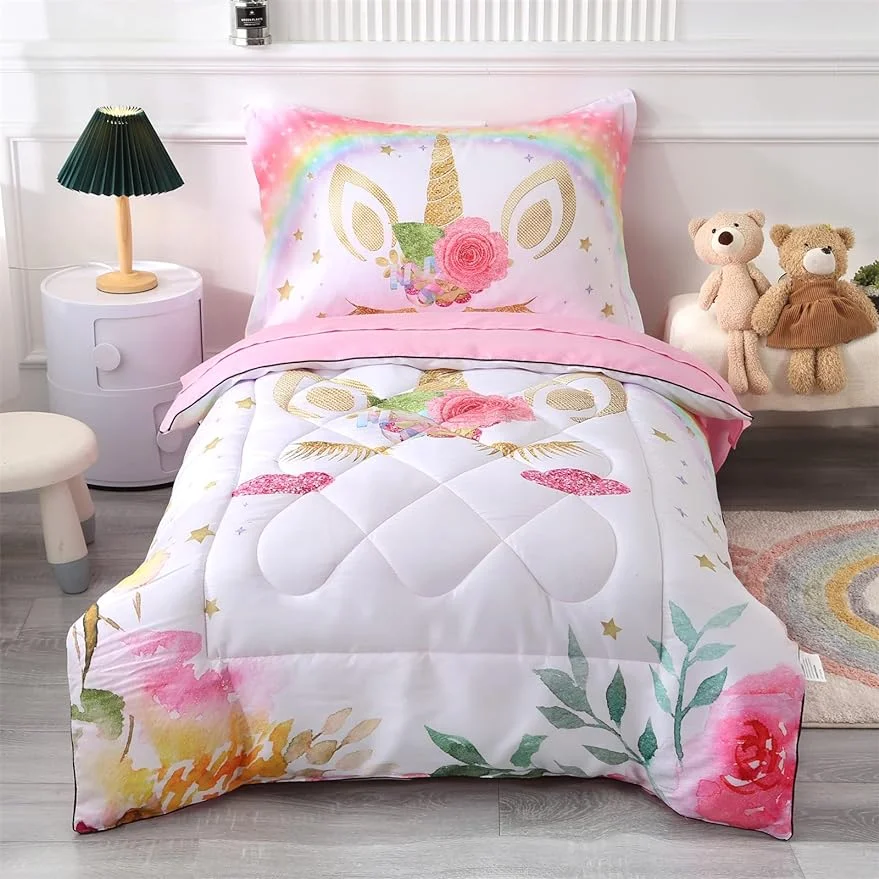 Unicorn Toddler Bedding Set for Girls Pink 4 Piece Unicorn Toddler Bed Comforter Set Rainbow White Super Soft and Comfortable with Comforter, Flat Sheet, Fitted Sheet and Pillowcase