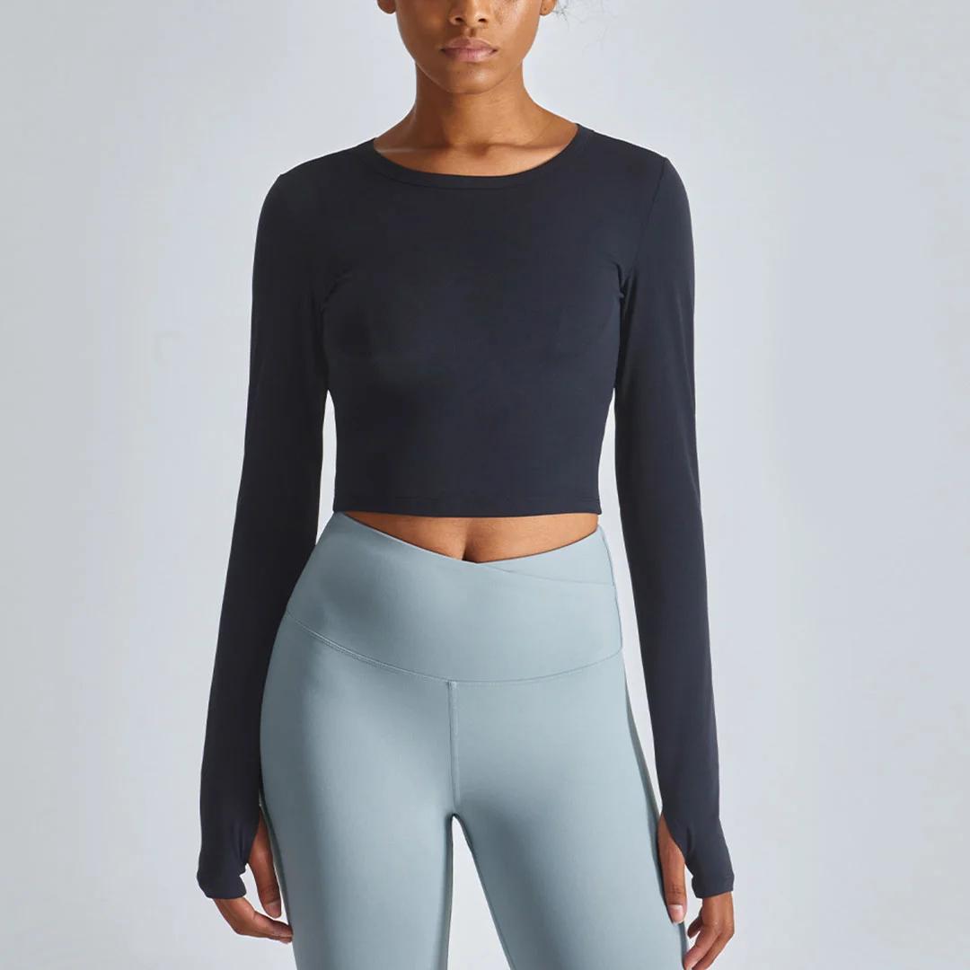 Solid finger cover cropped long-sleeved top