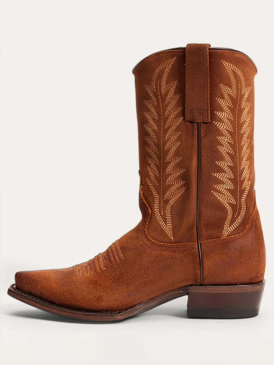 Brown Faux Suede Snip Toe Embroidered Cowgirl Boots With Chunky Heels