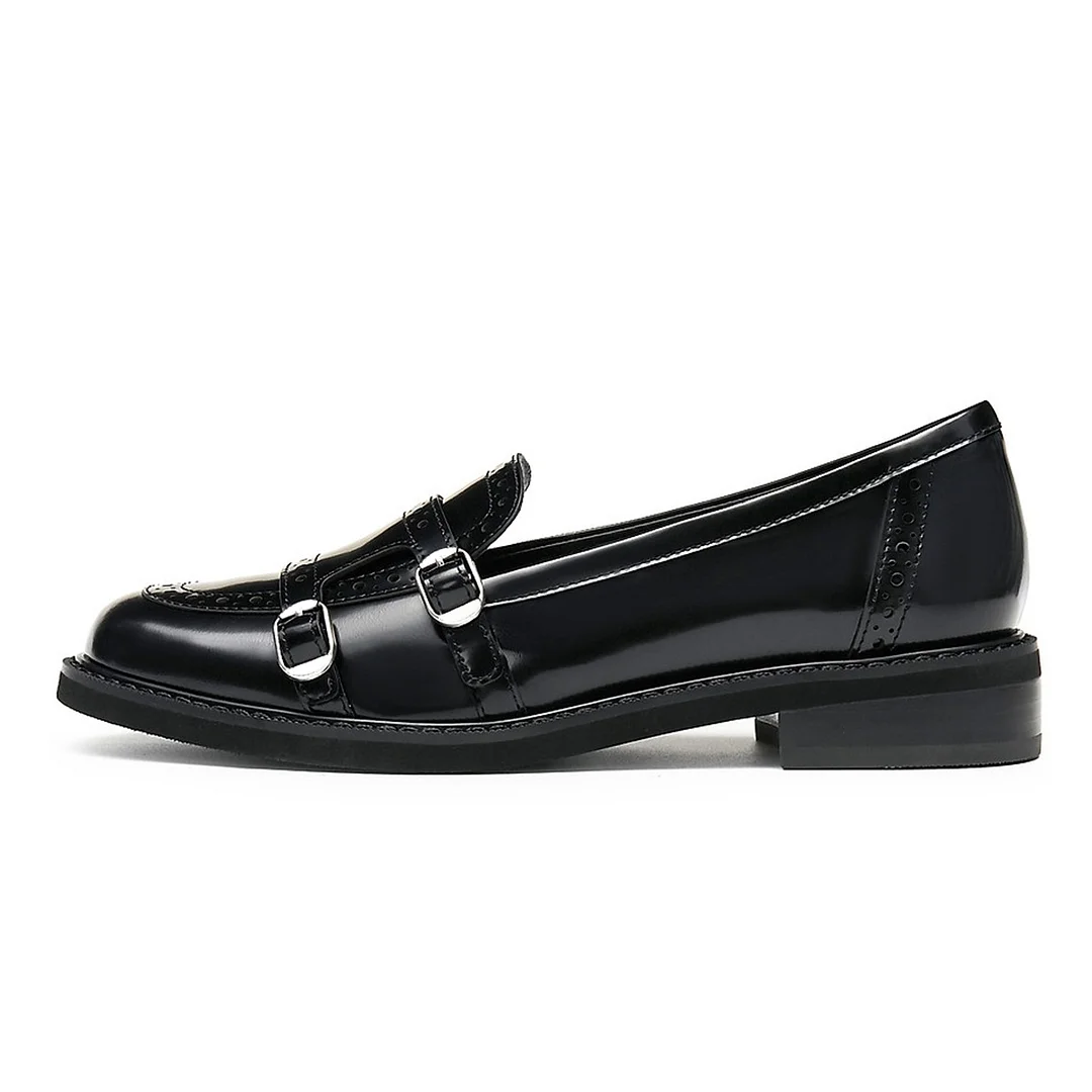 Patent Leather Round Toe Buckle Decor Loafer Heels in Black