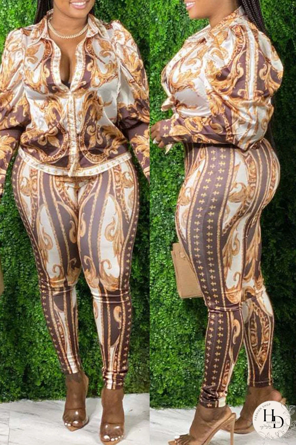 Brown Fashion Casual Print Basic Turndown Collar Long Sleeve Two Pieces
