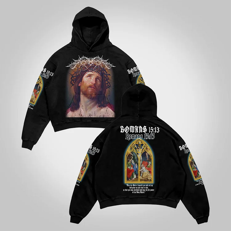 Vintage Jesus Portrait Graphic Bible Print Pocket Hoodie