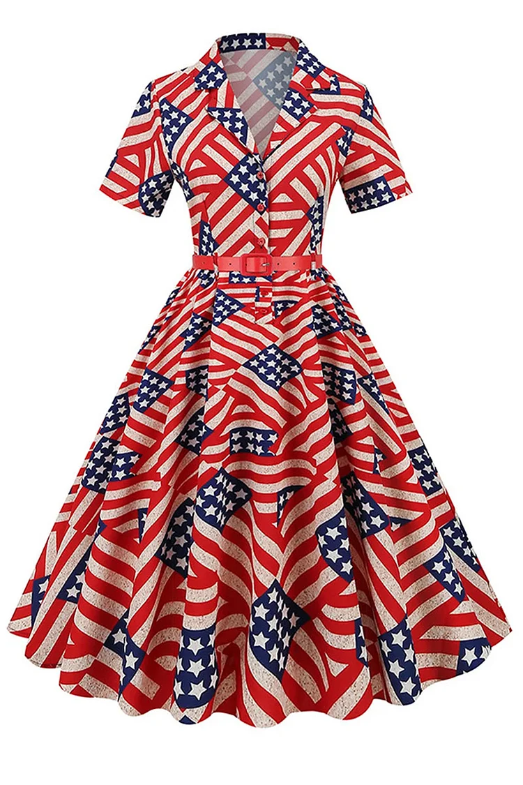 1950s Red Party American Flag Print Turndown Collar Short Sleeve Swing Midi Dresses