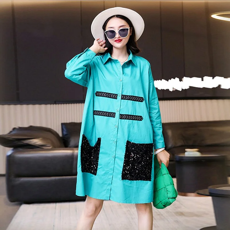 Stylish Loose Turn-down Collar Splicing Sequins Pockets Single-breasted Long Sleeve Dress   