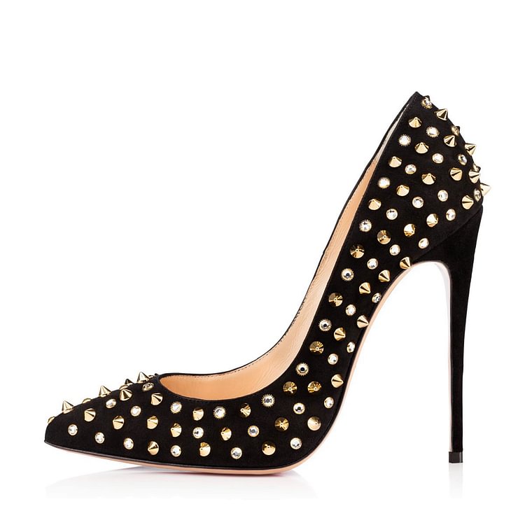 Black Pointy Toe Stiletto Heel Suede Pumps Gold Studs Shoes by FSJ |FSJ Shoes