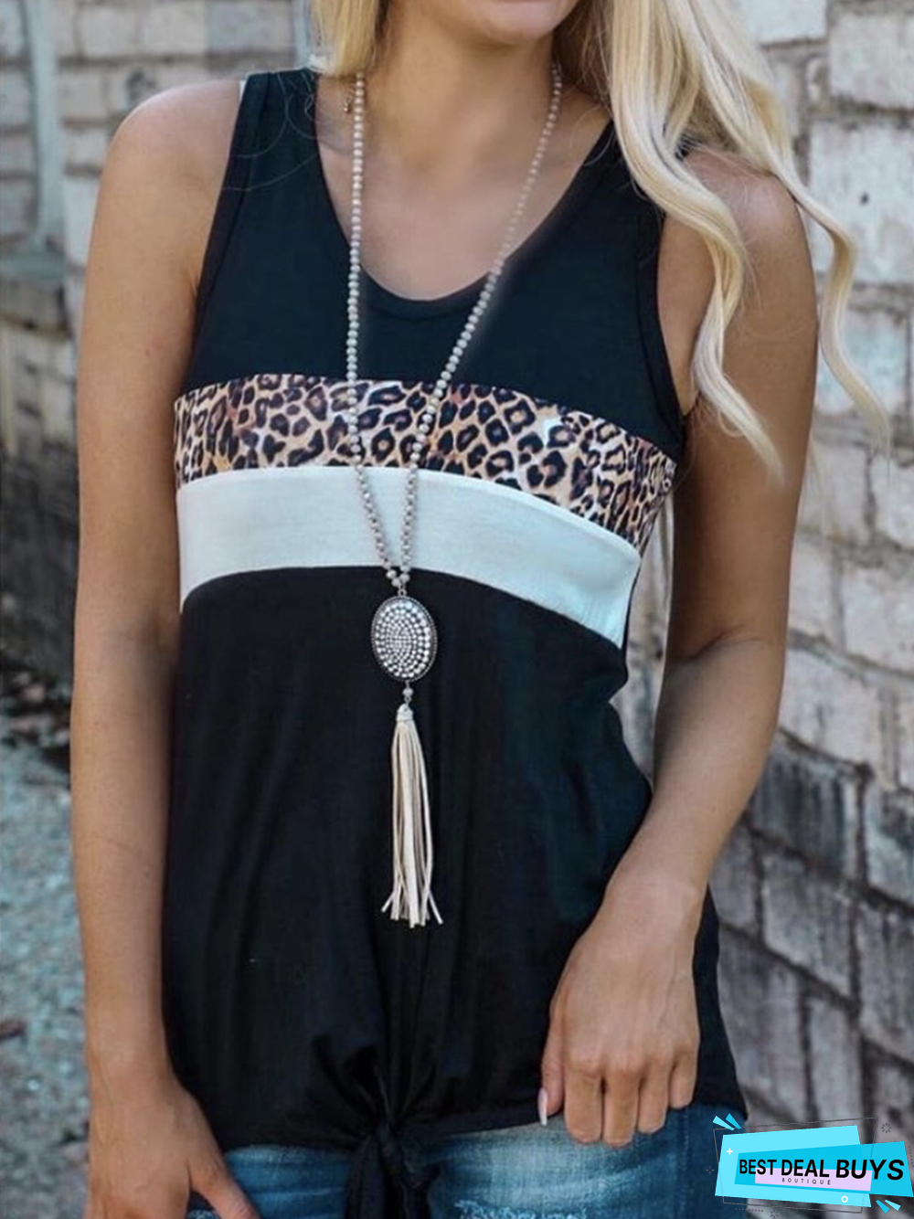 Leopard Paneled Sleeveless Crew Neck T-shirt