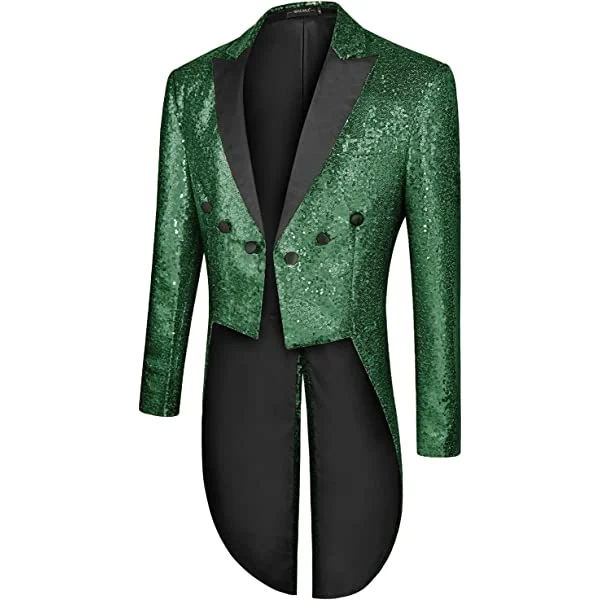 MAGE MALE Mens Sequin Tuxedo Jacket Tails Slim Fit Tailcoat Dress Coat Swallowtail Dinner Party Wedding Blazer Suit Jacket