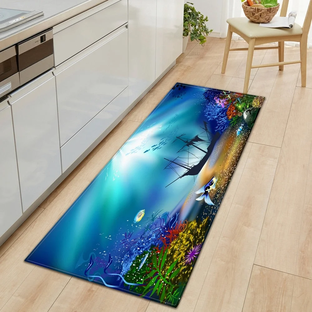 Underwater world Kitchen Mat Entrance Doormat 3D Pattern Bedroom Home Floor Decoration Living Room Carpet Bathroom Anti-slip Rug