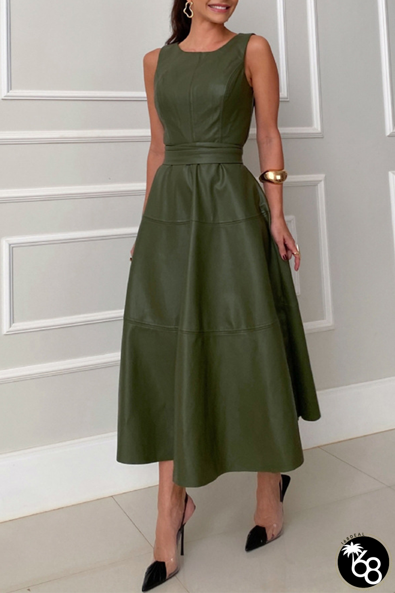Casual Solid Color Lace Up Patchwork O Neck Sleeveless Dresses | 168DEAL