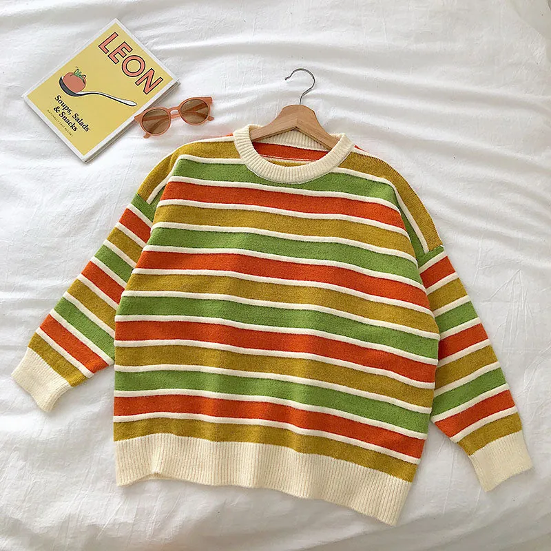 New Women Stripe Sweater Autumn Winter Loose Long Sleeve Pullover Tops Korean Ladies Knitted Patchwork Korean Sweaters