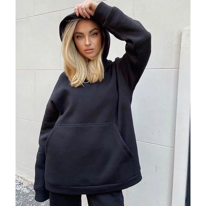 Billlnai Casual Solid Hooded Sweatshirts Suits Women Fashion Casual Loose Suit Women Elegant Loose Pants Suits Female Ladies