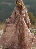 Boho Roses Floral Lace Art Flowy Linen Maxi Dress