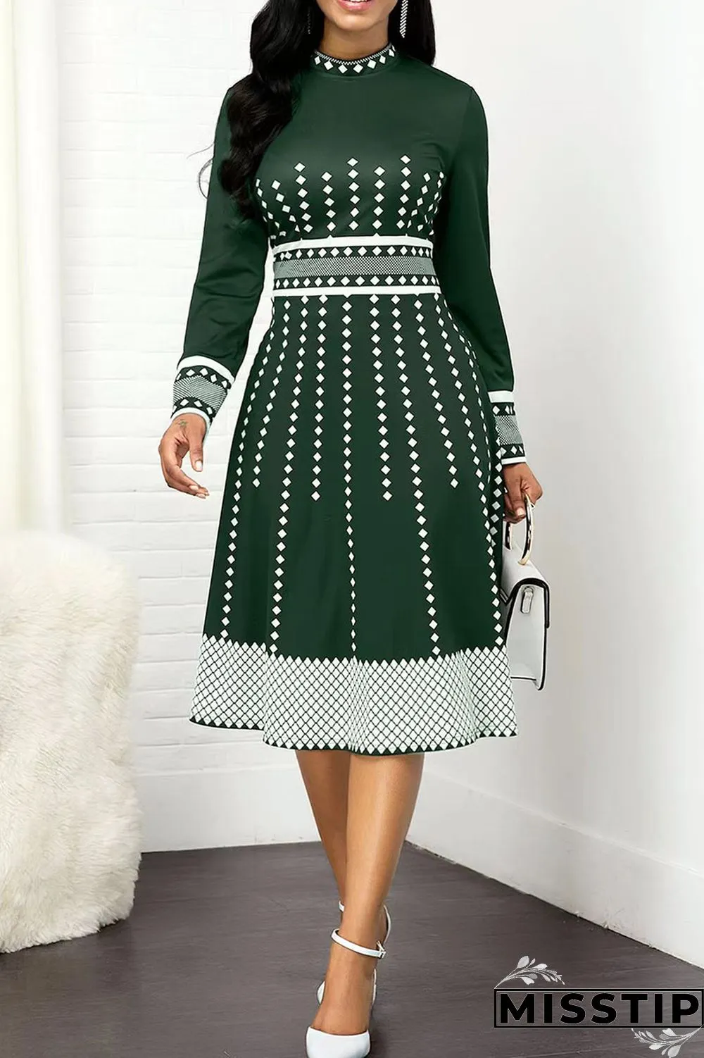 Olive Green Casual Print Polka Dot Patchwork O Neck A Line Dresses