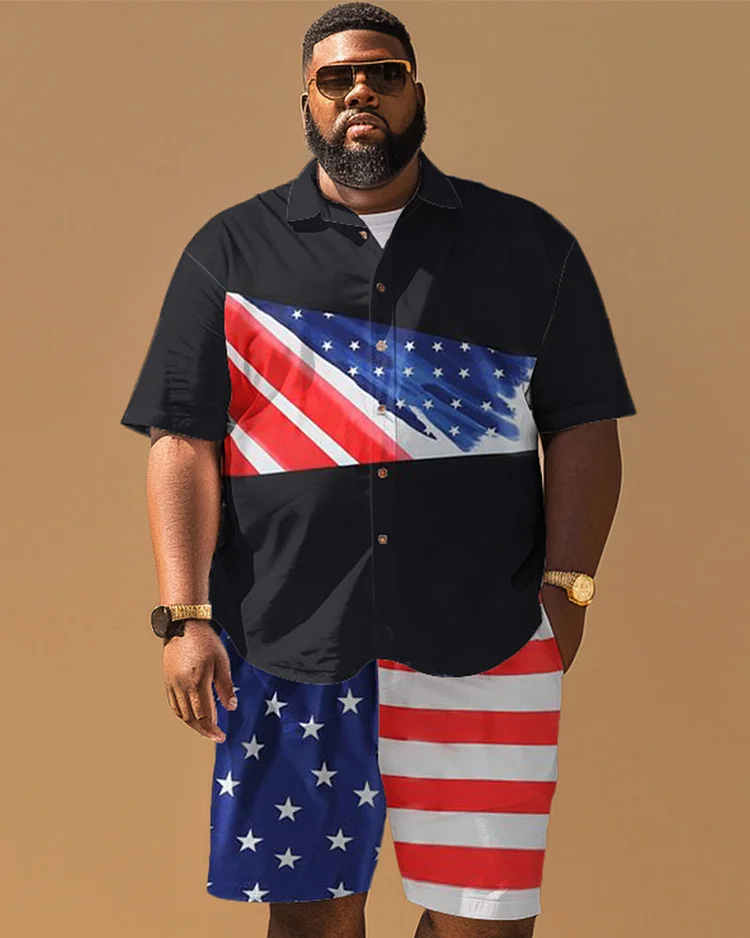 Men's Plus Size Independence Day Flag Patchwork Printed Short Sleeve Shirt Shorts Suit