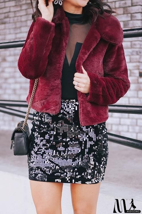 MidiSono - Turndown Collar Faux Fur Short Coat