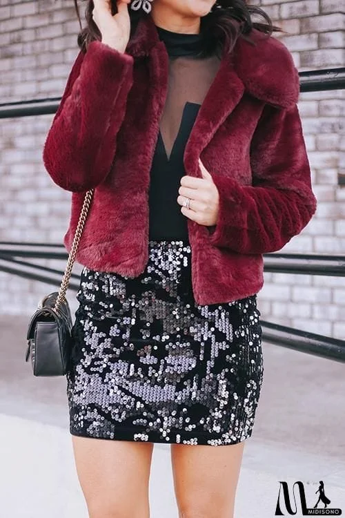 MidiSono - Turndown Collar Faux Fur Short Coat