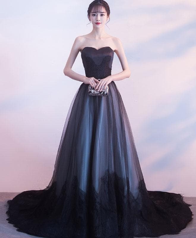 Black Sweetheart  Neck Lace Long Prom Dress, Black Evening Dress