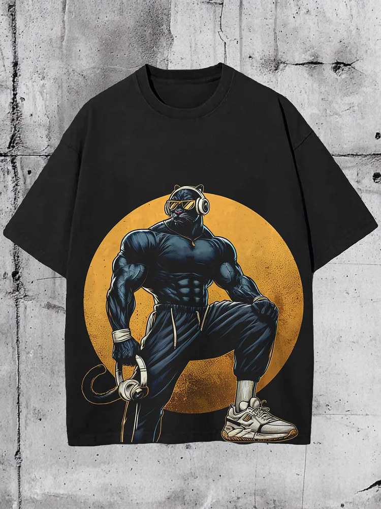 Men's Muscle Black Panther With Headphones Print T-Shirt