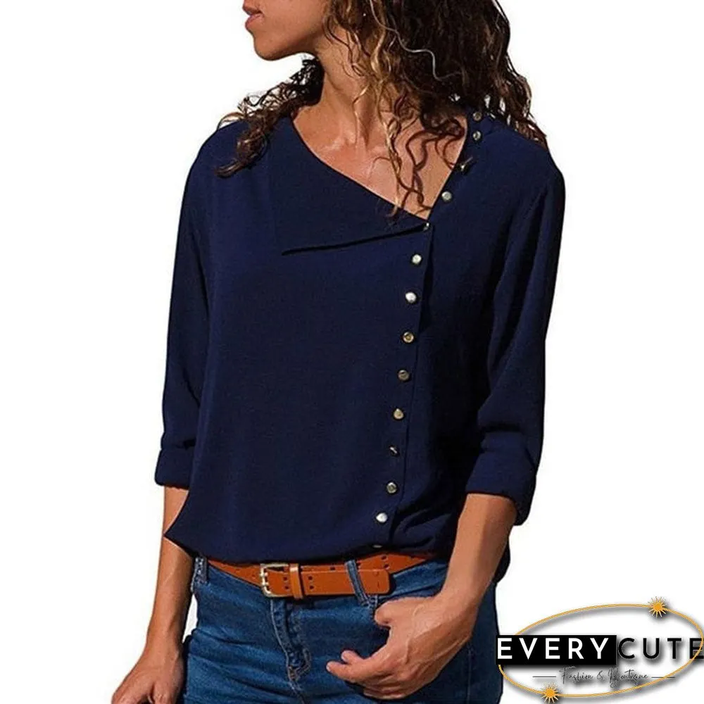 Womens tops and blouses-fashion long sleeve-skew collar chiffon blouse casual plus size