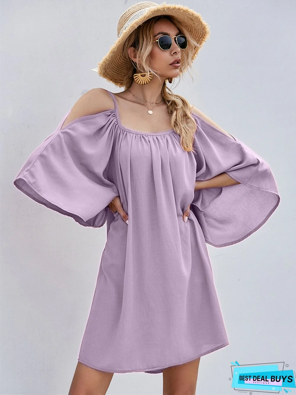 European and American Women's Casual Sexy Dress with Flared Sleeves and Shoulder Leakage