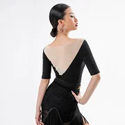 2025 Latin Dance Costumes Sexy Mesh V Neck Black Short Sleeves Tops Women Practice Clothes Samba Latin Performance Wear BL5760