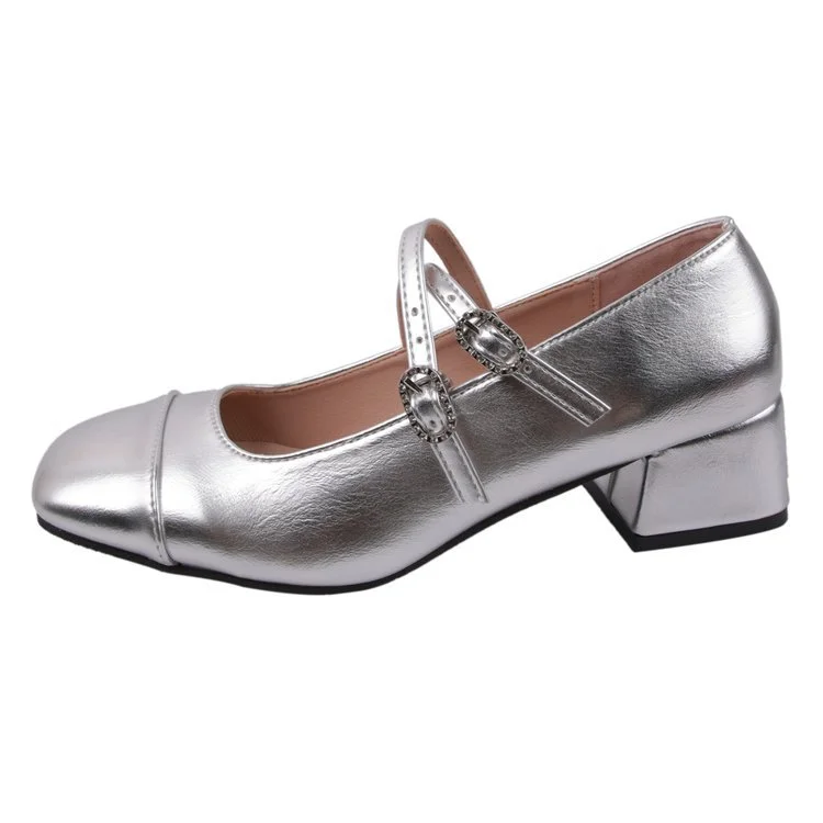 Yyvonne Retro Silver Single-Shoe Women's Coarse Heel 2025 Spring Square Head Light Word With Buckle College Style Mary Jane Shoes