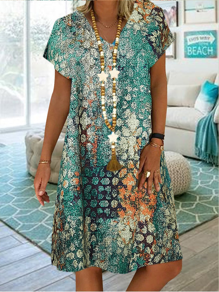 Women Short Sleeve V-neck Striped Gradient Midi Dress