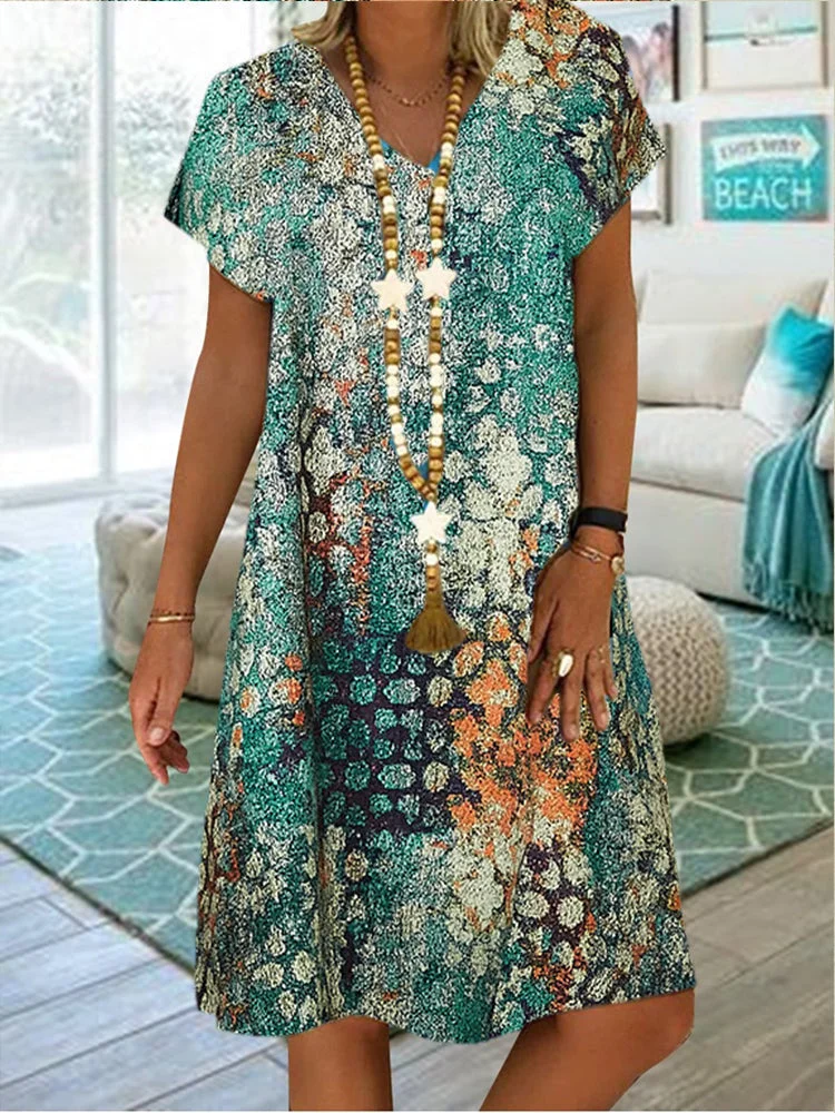 Women Short Sleeve V-neck Striped Gradient Midi Dress