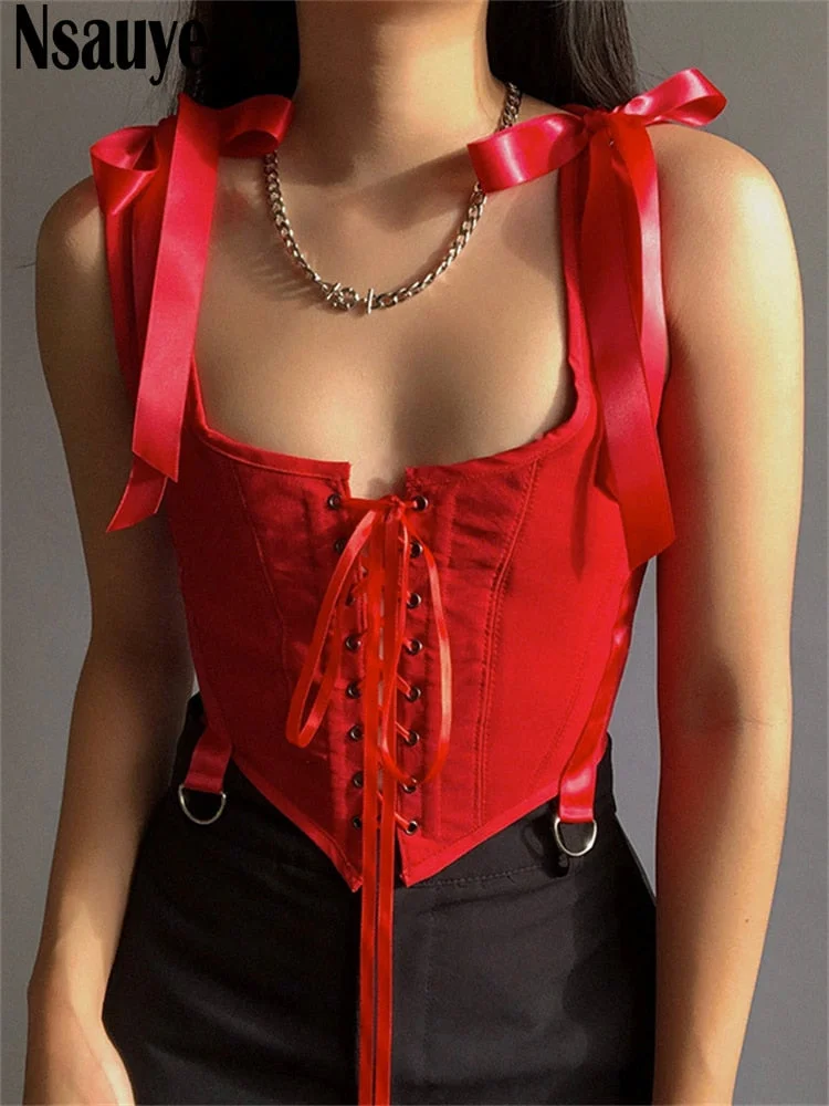 Nsauye 2022 Summer Women Corset Sexy Red Crop Tops Vintage Sleeveless Off Shoulder Skinny Party Tank Tops Y2K Bandage Bustier