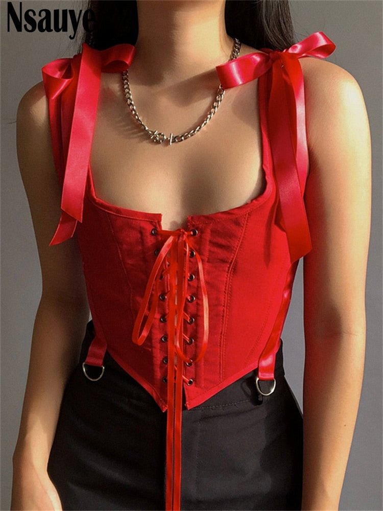Nsauye 2022 Summer Women Corset Sexy Red Crop Tops Vintage Sleeveless Off Shoulder Skinny Party Tank Tops Y2K Bandage Bustier