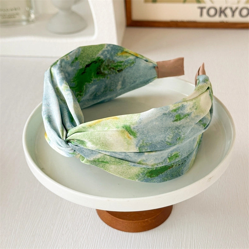 Monet Oil Painting Satin Headband Niche Retro Cross High Skull Top Wide Version Gradient Color Blooming Headband Hairpin For Hair Washing