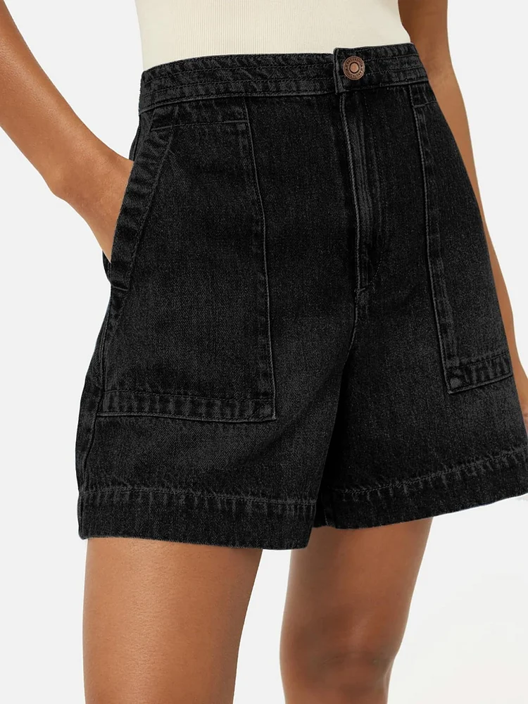 Women's High Waist Casual Denim Shorts - Wide Leg Summer Jeans With Pockets, Machine Washable & Breathable For Everyday Comfort, Jeans Shorts, Relaxed Outfit Component, Solid Color Fashion, Durable Fabric