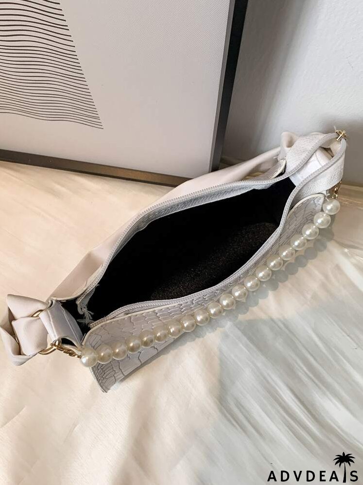 Faux Pearl Beaded Croc Embossed Shoulder Bag