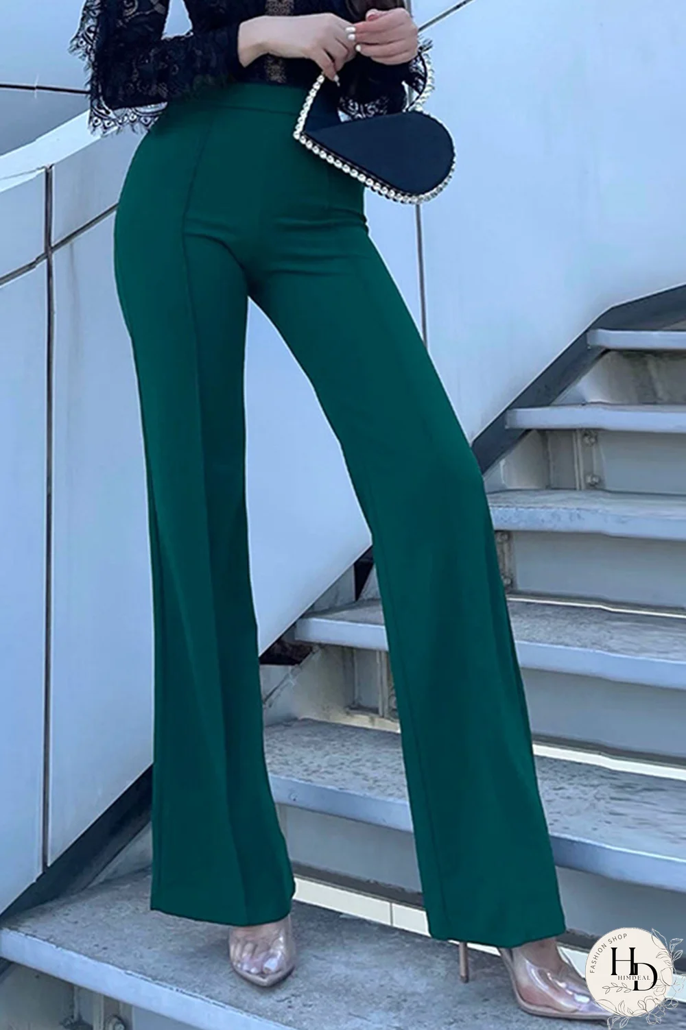 Ink Green Casual Solid Patchwork Boot Cut High Waist Speaker Solid Color Bottoms