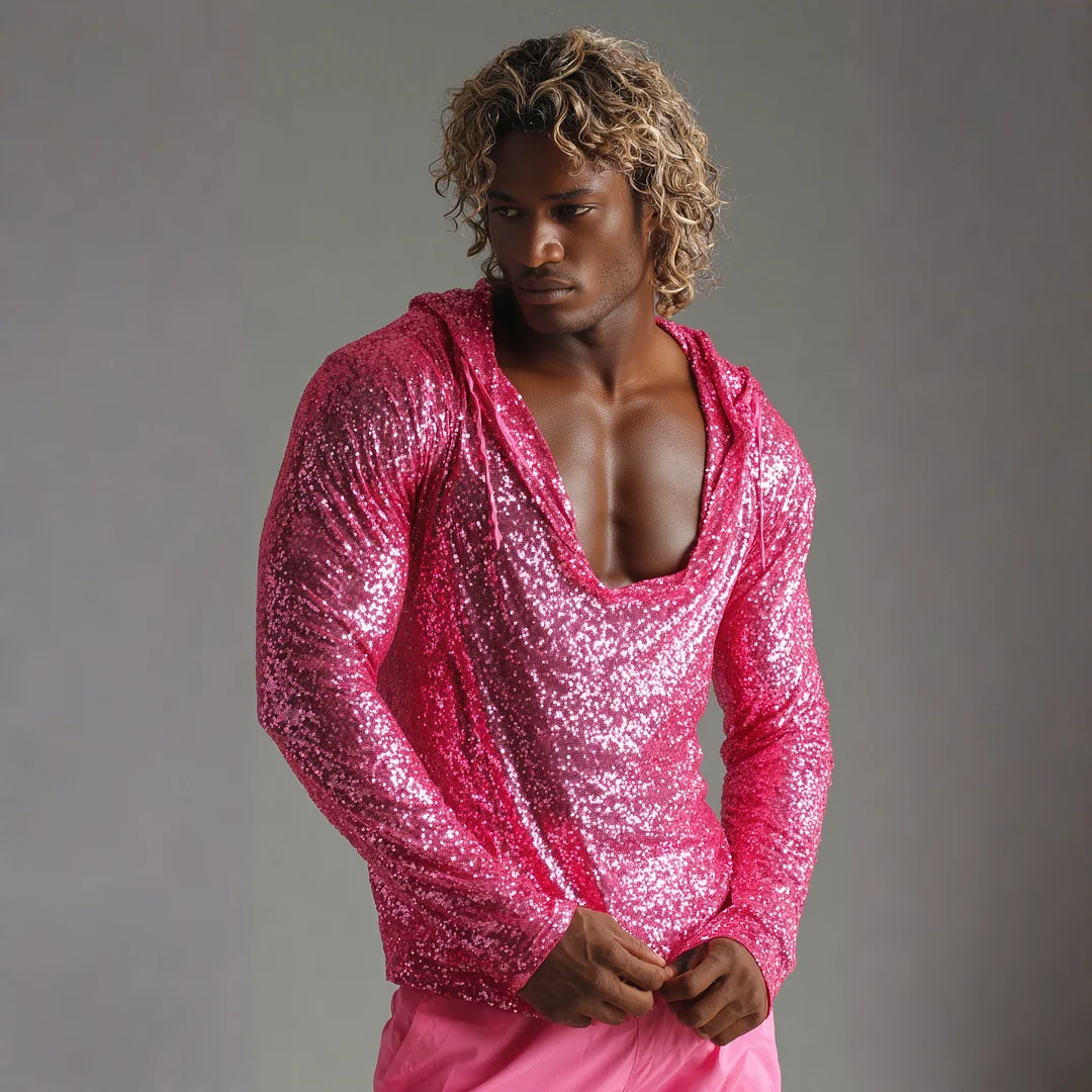 Men's Sequined Shimmering Long-sleeved Hooded T-shirt-inspireuse