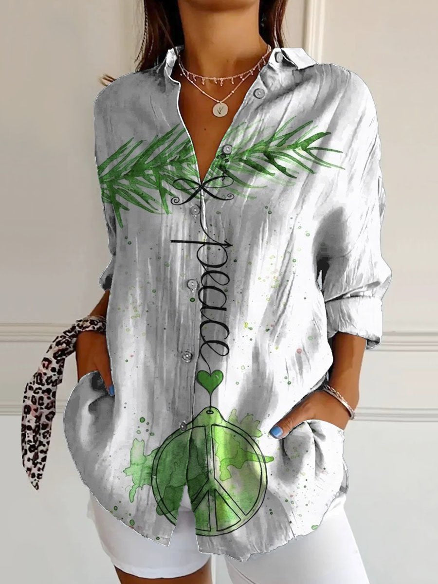 Women's Watercolors Peace Hippie Art Print Casual Cotton Shirt