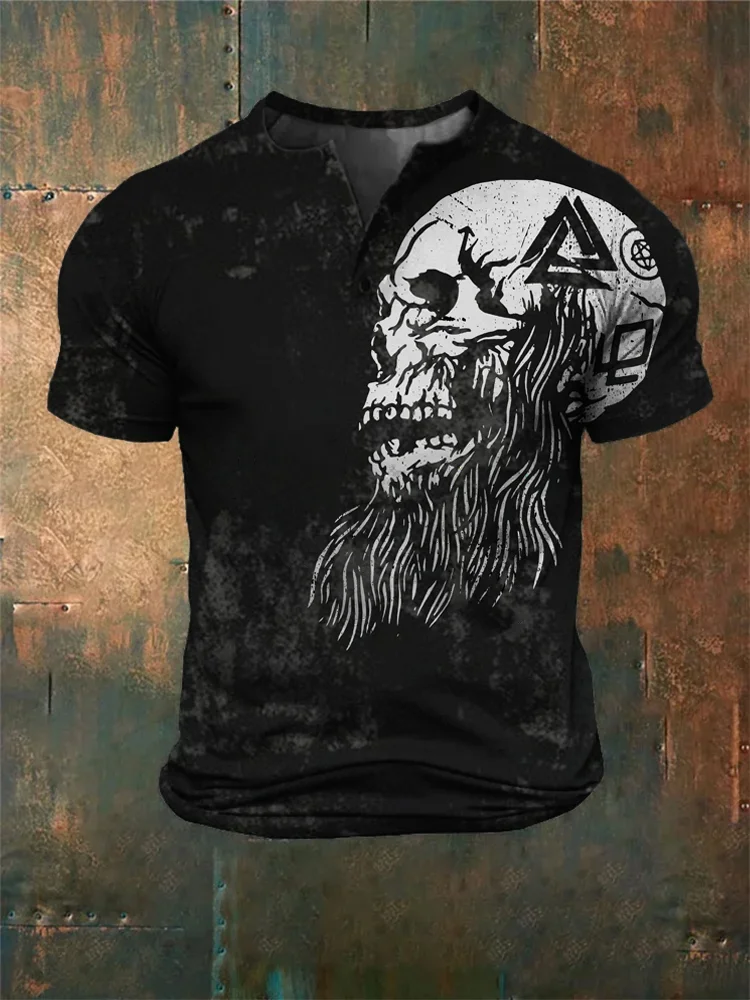 Broswear Men's Viking Skull Washed Distressed Print Henley Shirt