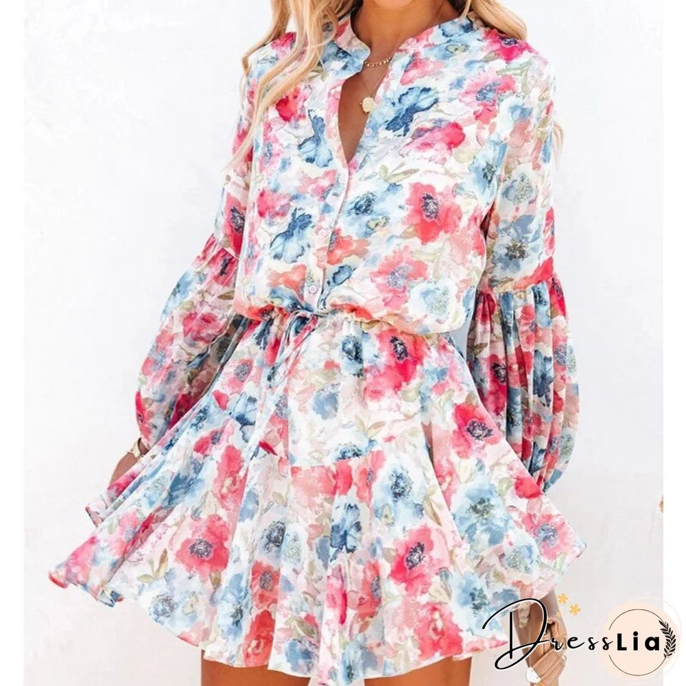 Fashion Long Sleeve Stand Collar Single Breasted Mini Dress Women Casual Floral Print Tie-Up Dress Loose Commuter Draped Dresses