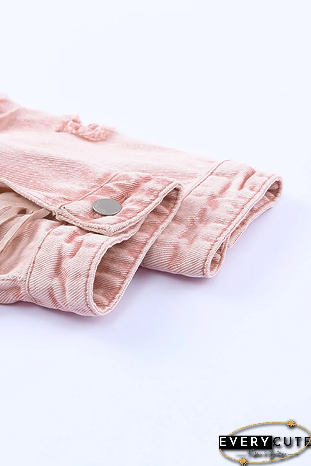 Pink Distressed Fringed Cropped Denim Jacket