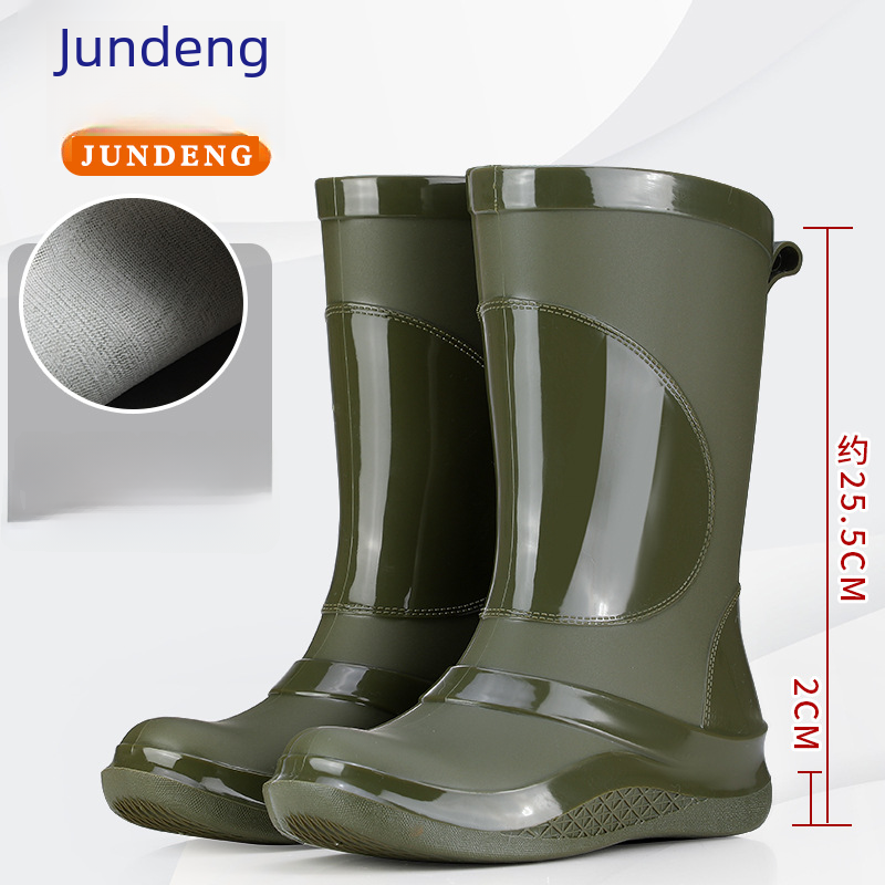 Mid-calf Waterproof Anti-slip Work Shoes Women Fashionable Outdoor Simple Thick Velvet Ladies Rain Boots Pure Color Low Heels Boots