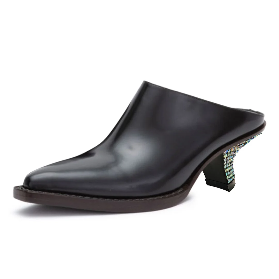 YDN Black Pointed Toe Rhinestone Sculptural Heel Mules for Women