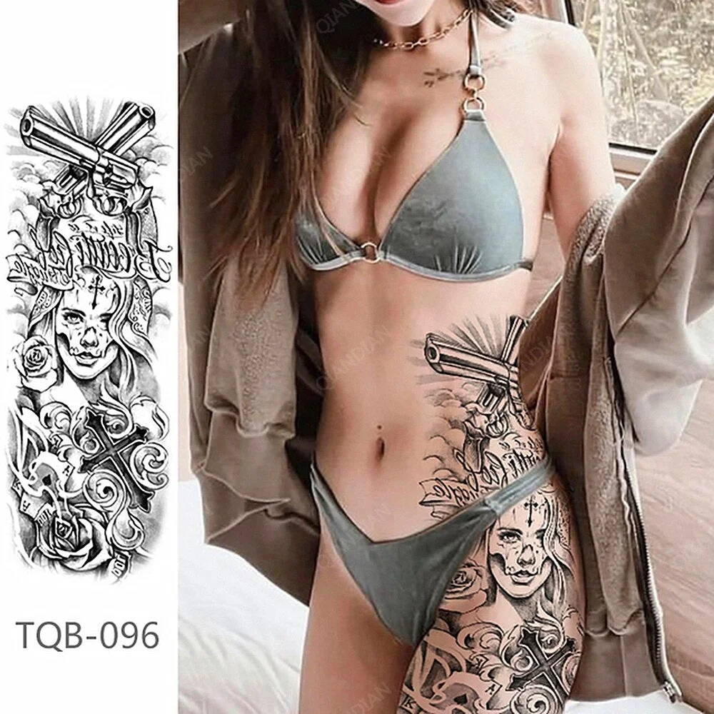 Full Arm Temporary Tattoo Lady Gun Eye Flower Tiger Lion Skull Eagle Women Body Leg Waterproof Sticker Cool Man Totem Sleeve