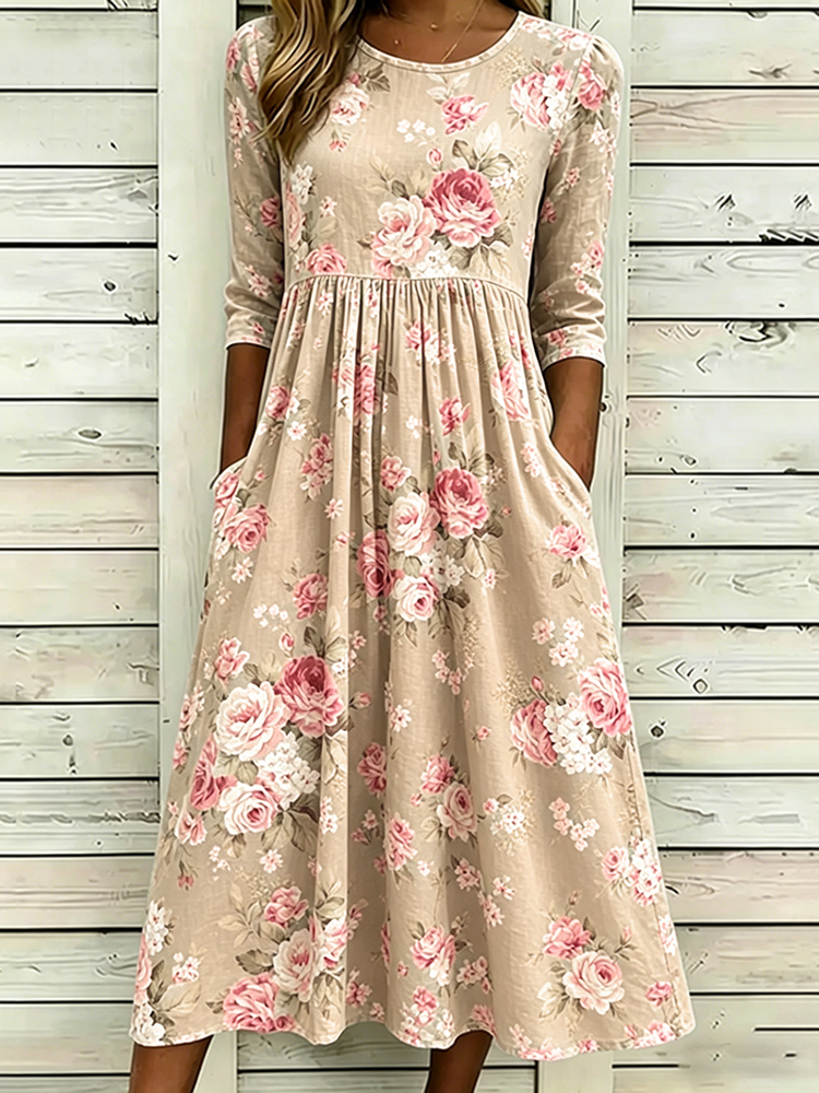 Women's Vintage Floral Art Print Linen Dress artswardrobe